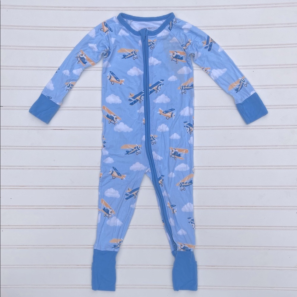 Light Blue Airplane Print Kids Pajama Set with Zipper